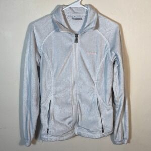 Columbia Womens Medium Fleece Jacket Full Zip Up Gray Pink Logo‎ Soft Cozy